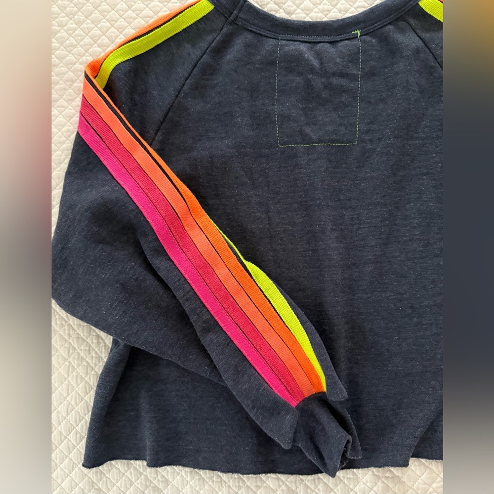 Aviator Nation Bolt Cropped Five Stripe Sweatshirt in Navy w/Neon Stripes SZ L - Picture 7 of 13